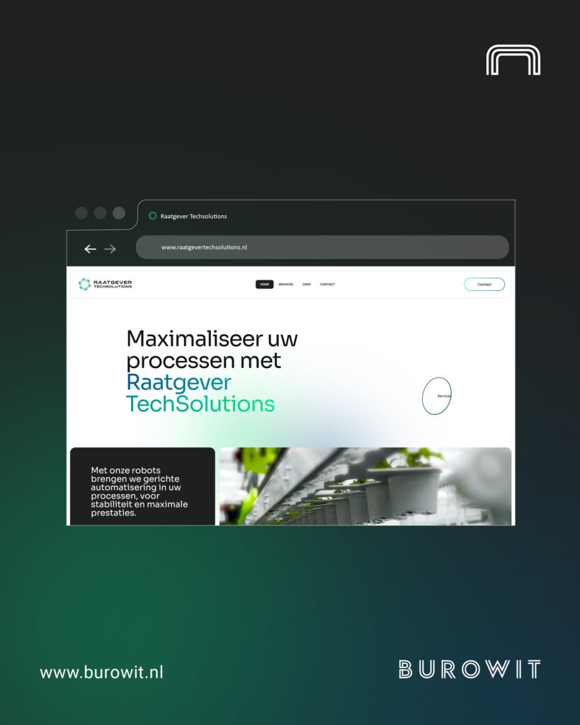 Website homepage Raatgever TechSolutions met futuristisch ontwerp, groene en blauwe elementen, animaties en robots