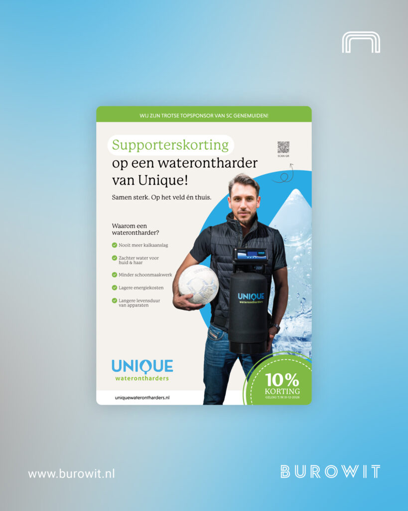 Ontwerp van supportersflyer door Burowit voor Unique Waterontharders.